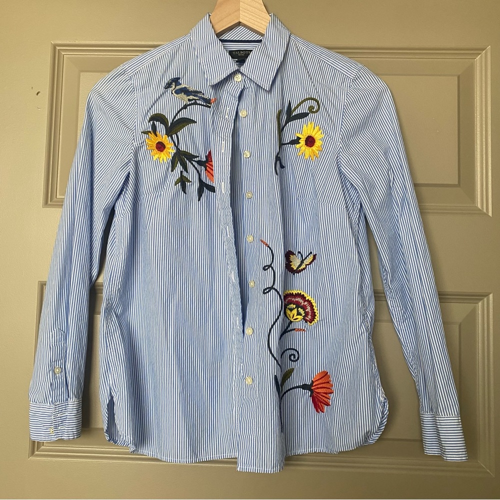 Talbots embroidered blue striped dress shirt, Size XS